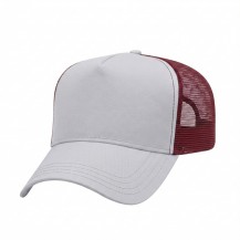USA-made 5L White-Red Polycotton Twill baseball cap, 3q view, manufactured in Newark NJ