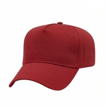 USA-made 5L Red Polycotton Twill baseball cap, 3q view, manufactured in Newark NJ