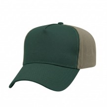 USA-made 5L Hunter Green-Khaki Polycotton Twill baseball cap, 3q view, manufactured in Newark NJ