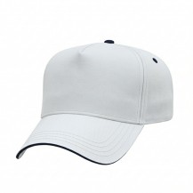 USA-made 5L White-Navy Polycotton Twill baseball cap, 3q view, manufactured in Newark NJ