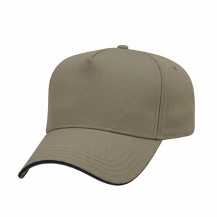 USA-made 5L Khaki-Navy Polycotton Twill baseball cap, 3q view, manufactured in Newark NJ