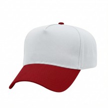USA-made 5L White-Red Polycotton Twill baseball cap, 3q view, manufactured in Newark NJ