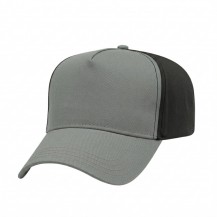 USA-made 5L Light Gray-Black Polycotton Twill baseball cap, 3q view, manufactured in Newark NJ