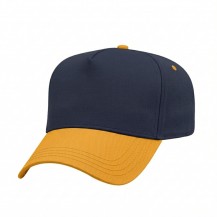 USA-made 5L Navy-Athletic Gold Polycotton Twill baseball cap, 3q view, manufactured in Newark NJ