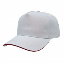 USA-made 5S White-Red Polycotton Twill baseball cap, 3q view, manufactured in Newark NJ