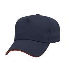 USA-made 5L Navy-Orange Domestic Twill baseball cap, 3q view, manufactured in Newark NJ