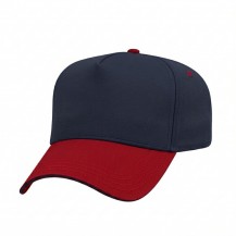 USA-made 5L Navy-Red Domestic Twill baseball cap, 3q view, manufactured in Newark NJ