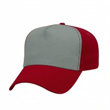 USA-made 5L Light Gray-Red Domestic Twill baseball cap, 3q view, manufactured in Newark NJ