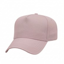USA-made 5L Pink Organic Twill baseball cap, 3q view, manufactured in Newark NJ
