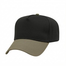USA-made 5L Black-Khaki Organic Twill baseball cap, 3q view, manufactured in Newark NJ