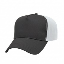 USA-made 5L Dark Gray-White Organic Twill baseball cap, 3q view, manufactured in Newark NJ
