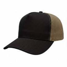 USA-made 5S Black-Khaki Organic Twill baseball cap, 3q view, manufactured in Newark NJ