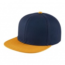 USA-made 6H Navy-Athletic Gold Chino baseball cap, 3q view, manufactured in Newark NJ