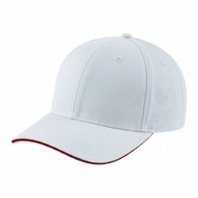 USA-made 6H White-Red Chino baseball cap, 3q view, manufactured in Newark NJ