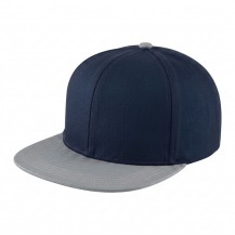 USA-made 6H Navy-Light Gray Chino baseball cap, 3q view, manufactured in Newark NJ
