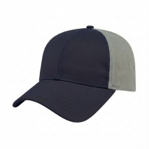 USA-made 6L Navy-Light Gray Chino baseball cap, 3q view, manufactured in Newark NJ