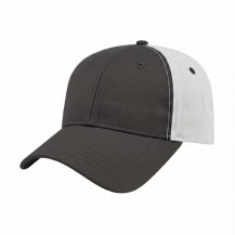 USA-made 6L Dark Gray-White Chino baseball cap, 3q view, manufactured in Newark NJ
