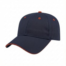 USA-made 6L Navy-Orange Chino baseball cap, 3q view, manufactured in Newark NJ
