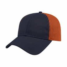 USA-made 6L Navy-Orange Chino baseball cap, 3q view, manufactured in Newark NJ