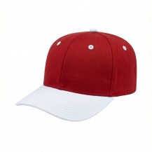 USA-made 6S Red-White Chino baseball cap, 3q view, manufactured in Newark NJ