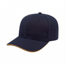 USA-made 6S Navy-Athletic Gold Chino baseball cap, 3q view, manufactured in Newark NJ