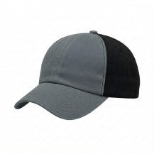 USA-made 6U Light Gray-Black Chino baseball cap, 3q view, manufactured in Newark NJ