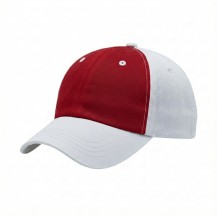 USA-made 6U Red-White Chino baseball cap, 3q view, manufactured in Newark NJ