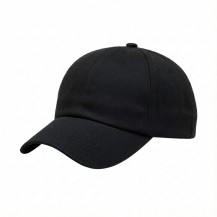 USA-made 6U Black Chino baseball cap, 3q view, manufactured in Newark NJ