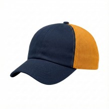 USA-made 6U Navy-Athletic Gold Chino baseball cap, 3q view, manufactured in Newark NJ