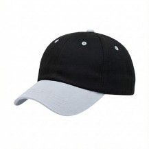 USA-made 6U Black-White Chino baseball cap, 3q view, manufactured in Newark NJ