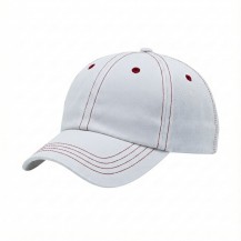 USA-made 6U White-Red Chino baseball cap, 3q view, manufactured in Newark NJ
