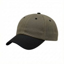 USA-made 6U Khaki-Black Chino baseball cap, 3q view, manufactured in Newark NJ