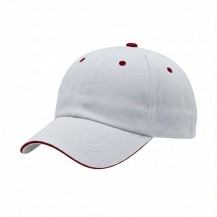 USA-made 6U White-Red Chino baseball cap, 3q view, manufactured in Newark NJ