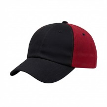 USA-made 6U Black-Red Chino baseball cap, 3q view, manufactured in Newark NJ