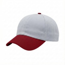 USA-made 6U White-Red Chino baseball cap, 3q view, manufactured in Newark NJ