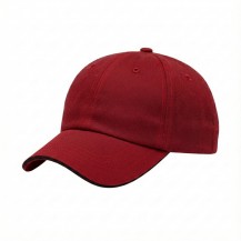 USA-made 6U Red-Black Chino baseball cap, 3q view, manufactured in Newark NJ