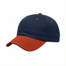 USA-made 6U Navy-Orange Chino baseball cap, 3q view, manufactured in Newark NJ