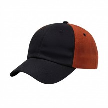 USA-made 6U Black-Orange Chino baseball cap, 3q view, manufactured in Newark NJ