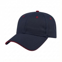 USA-made 6L Navy-Red Brushed Denim baseball cap, 3q view, manufactured in Newark NJ