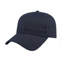 USA-made 6L Navy Brushed Denim baseball cap, 3q view, manufactured in Newark NJ