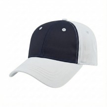 USA-made 6L Navy-White Brushed Denim baseball cap, 3q view, manufactured in Newark NJ