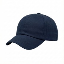 USA-made 6U Navy Brushed Denim baseball cap, 3q view, manufactured in Newark NJ