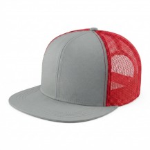 USA-made 6H Light Gray-Red Chino baseball cap, 3q view, manufactured in Newark NJ