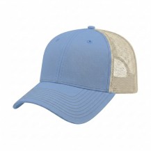 USA-made 6L Light Blue-Khaki Chino baseball cap, 3q view, manufactured in Newark NJ