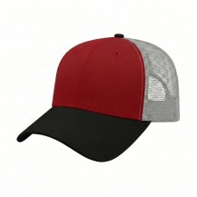 USA-made 6L Red-Black Chino baseball cap, 3q view, manufactured in Newark NJ