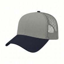 USA-made 6L Light Gray-Navy Chino baseball cap, 3q view, manufactured in Newark NJ