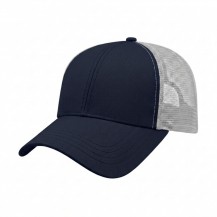 USA-made 6L Navy-White Chino baseball cap, 3q view, manufactured in Newark NJ