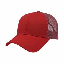 USA-made 6L Red Chino baseball cap, 3q view, manufactured in Newark NJ
