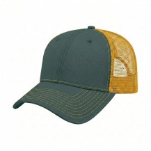 USA-made 6L Hunter Green-Athletic Gold Chino baseball cap, 3q view, manufactured in Newark NJ
