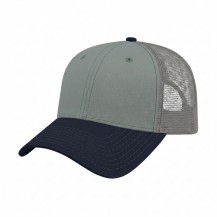 USA-made 6L Light Gray-Navy Chino baseball cap, 3q view, manufactured in Newark NJ